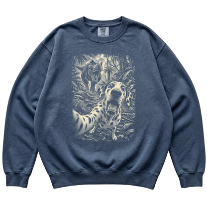 T-Rex Selfie Dalmatian Comfort Colors 1566 Sweatshirt in Denim, flat lay