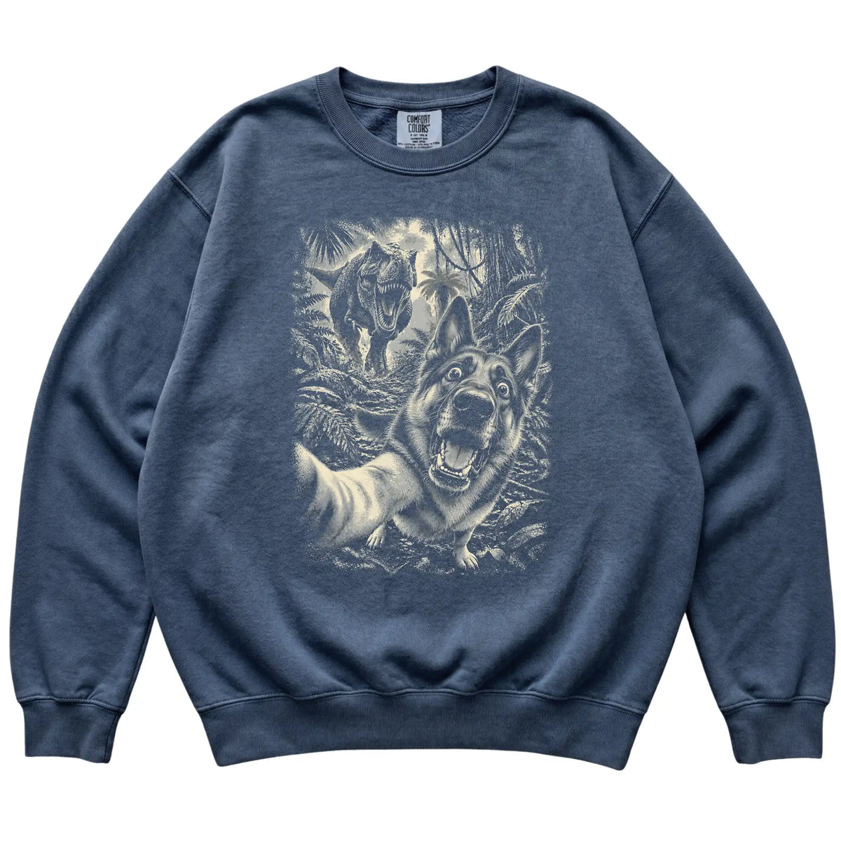 T-Rex Selfie German Shepherd Comfort Colors 1566 Sweatshirt in Denim, flat lay