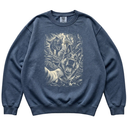 T-Rex Selfie German Shepherd Comfort Colors 1566 Sweatshirt in Denim, flat lay