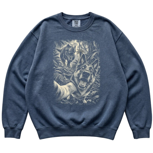 T-Rex Selfie German Shepherd Comfort Colors 1566 Sweatshirt in Denim, flat lay