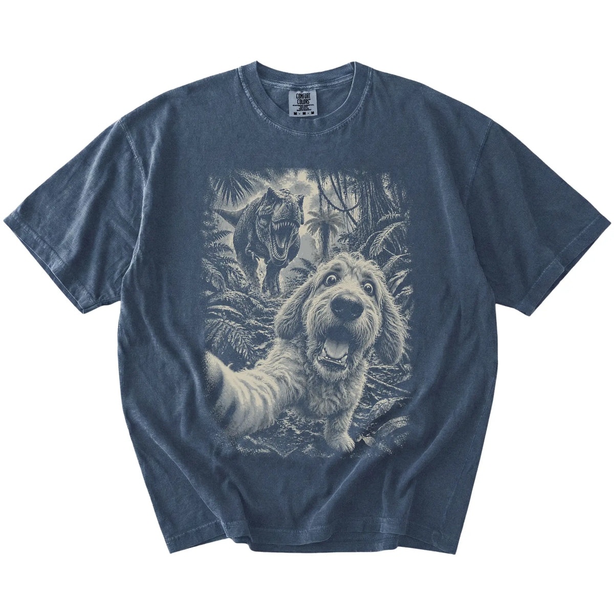T-Rex Selfie Goldendoodle Comfort Colors 1717 T-Shirt in Denim, flat lay