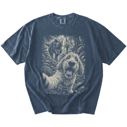 T-Rex Selfie Goldendoodle Comfort Colors 1717 T-Shirt in Denim, flat lay