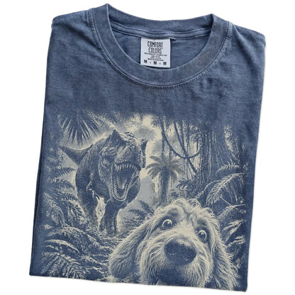 T-Rex Selfie Goldendoodle Comfort Colors 1717 T-Shirt in Denim, folded detail