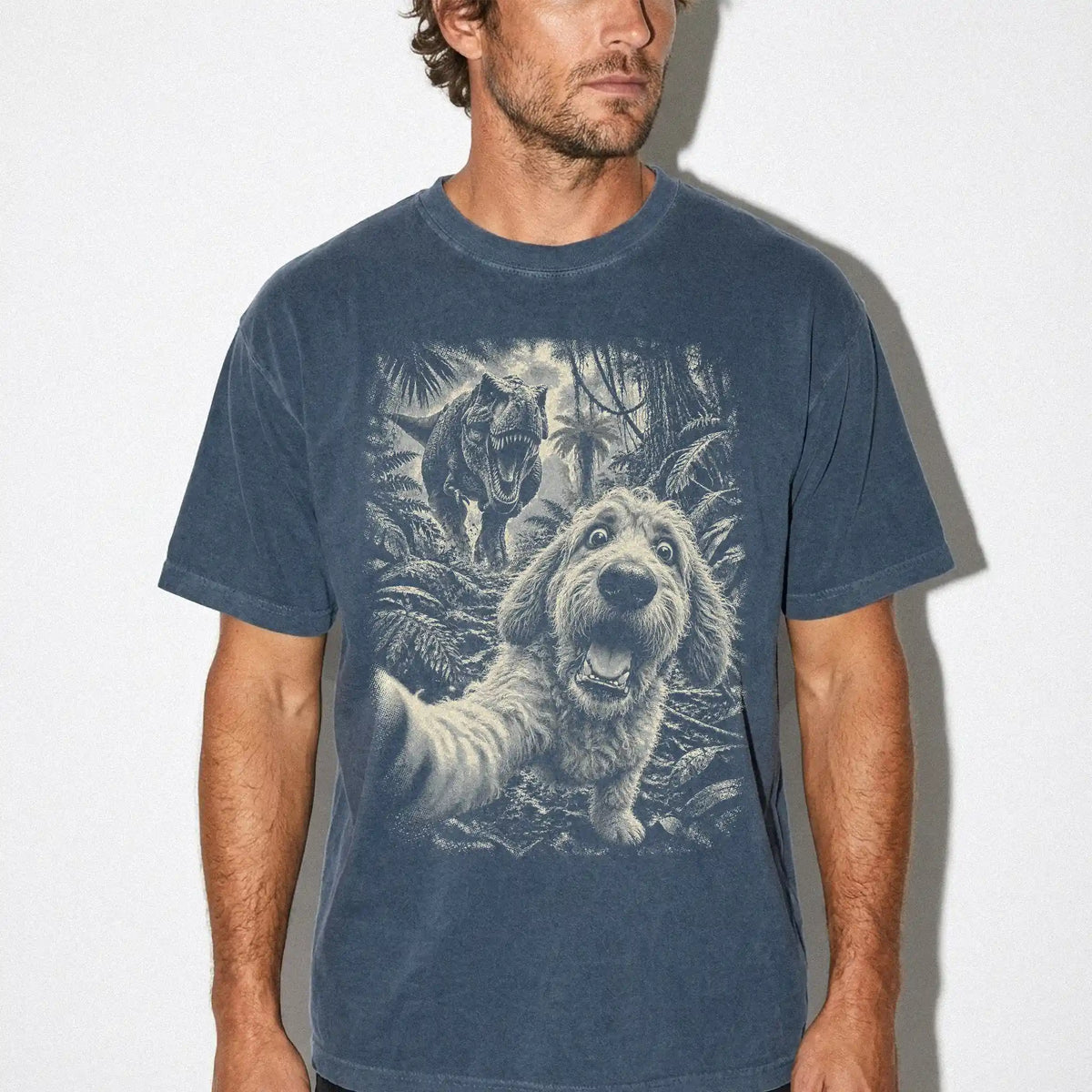 T-Rex Selfie Goldendoodle Comfort Colors 1717 T-Shirt in Denim, studio lifestyle