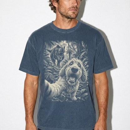 T-Rex Selfie Goldendoodle Comfort Colors 1717 T-Shirt in Denim, studio lifestyle