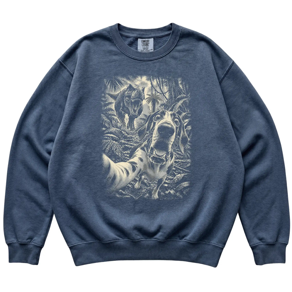 T-Rex Selfie Great Dane Comfort Colors 1566 Sweatshirt in Denim, flat lay