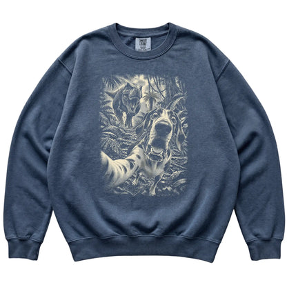 T-Rex Selfie Great Dane Comfort Colors 1566 Sweatshirt in Denim, flat lay