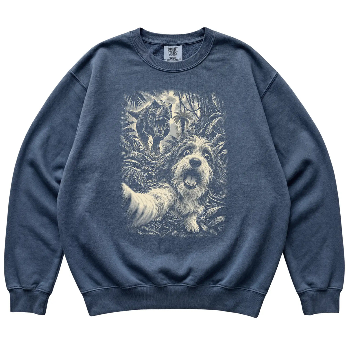 T-Rex Selfie Havanese Comfort Colors 1566 Sweatshirt in Denim, flat lay