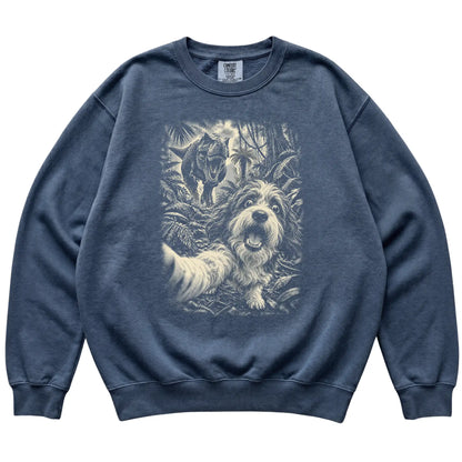 T-Rex Selfie Havanese Comfort Colors 1566 Sweatshirt in Denim, flat lay
