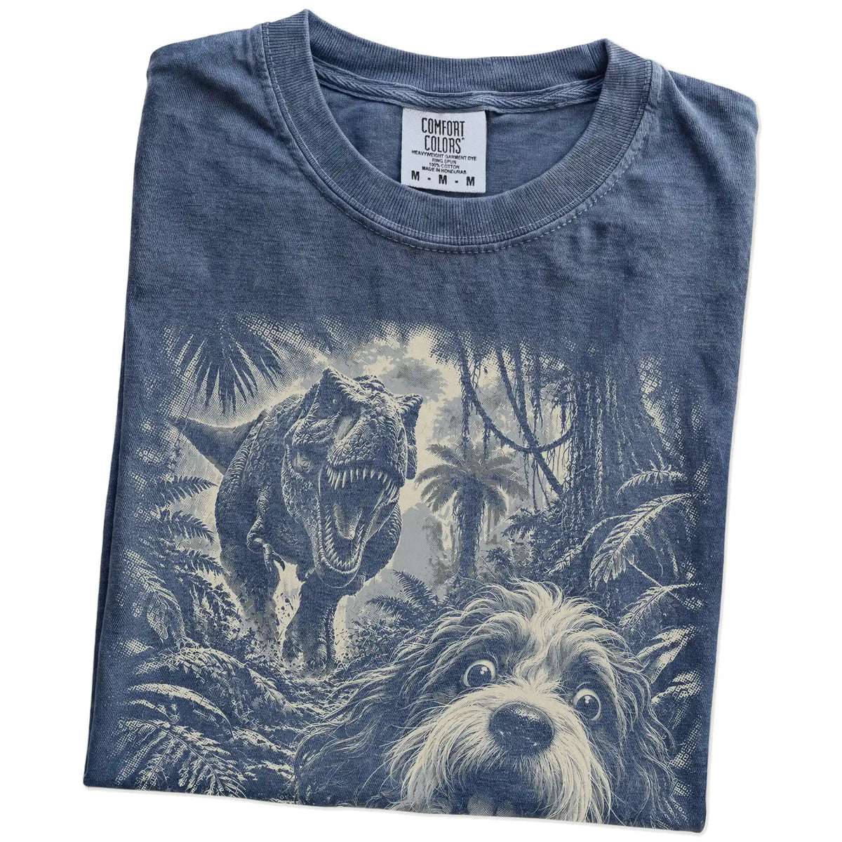 T-Rex Selfie Havanese Comfort Colors 1717 T-Shirt in Denim, folded detail