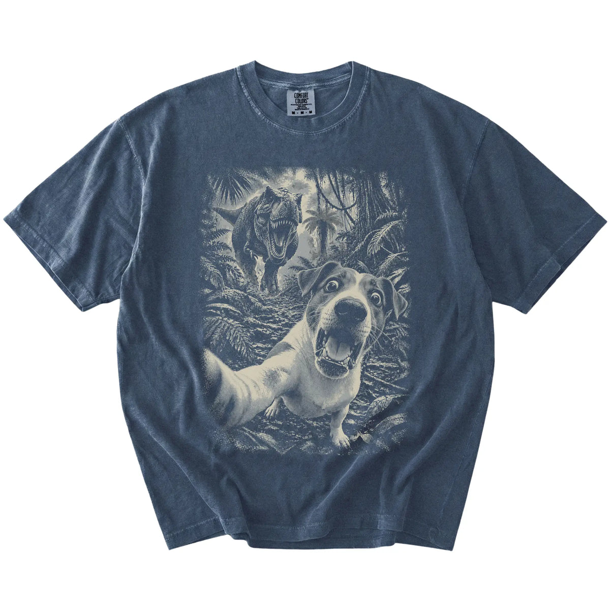 T-Rex Selfie Jack Russell Comfort Colors 1717 T-Shirt in Denim, flat lay