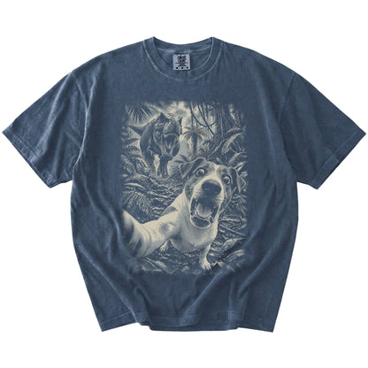 T-Rex Selfie Jack Russell Comfort Colors 1717 T-Shirt in Denim, flat lay