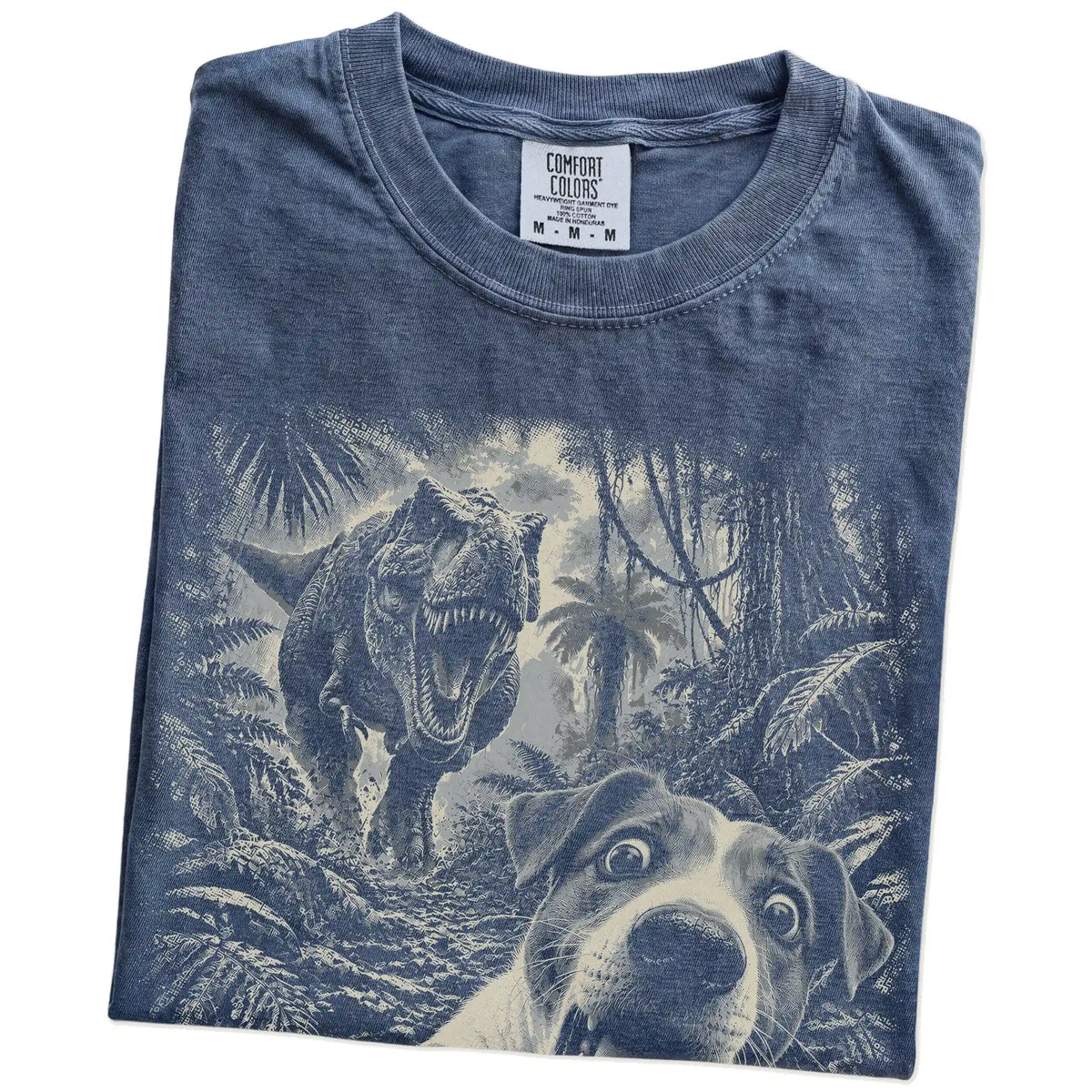 T-Rex Selfie Jack Russell Comfort Colors 1717 T-Shirt in Denim, folded detail