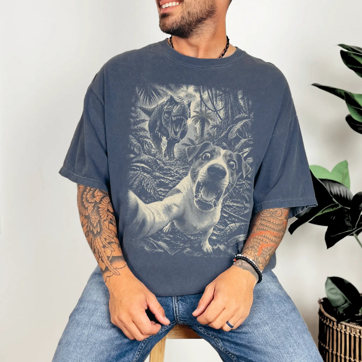T-Rex Selfie Jack Russell Comfort Colors 1717 T-Shirt in Denim, studio lifestyle