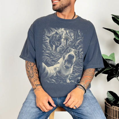 T-Rex Selfie Jack Russell Comfort Colors 1717 T-Shirt in Denim, studio lifestyle