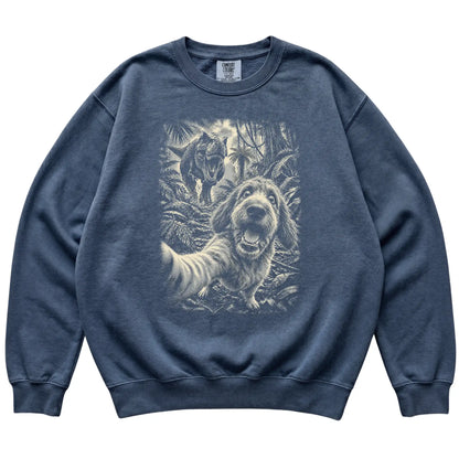 T-Rex Selfie Labradoodle Comfort Colors 1566 Sweatshirt in Denim, flat lay