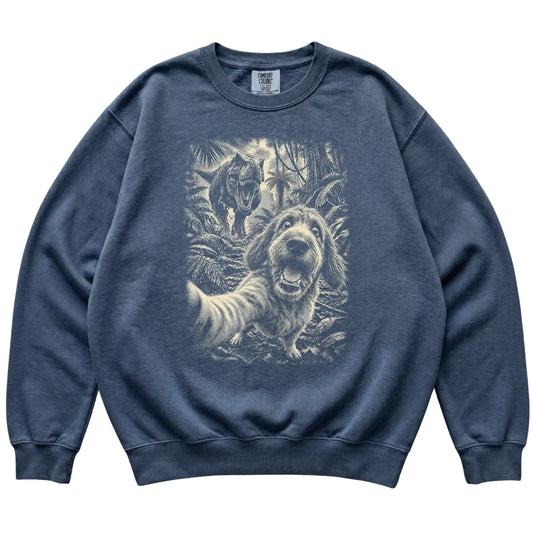 T-Rex Selfie Labradoodle Comfort Colors 1566 Sweatshirt in Denim, flat lay