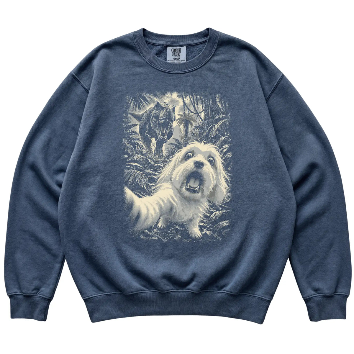 T-Rex Selfie Maltese Comfort Colors 1566 Sweatshirt in Denim, flat lay