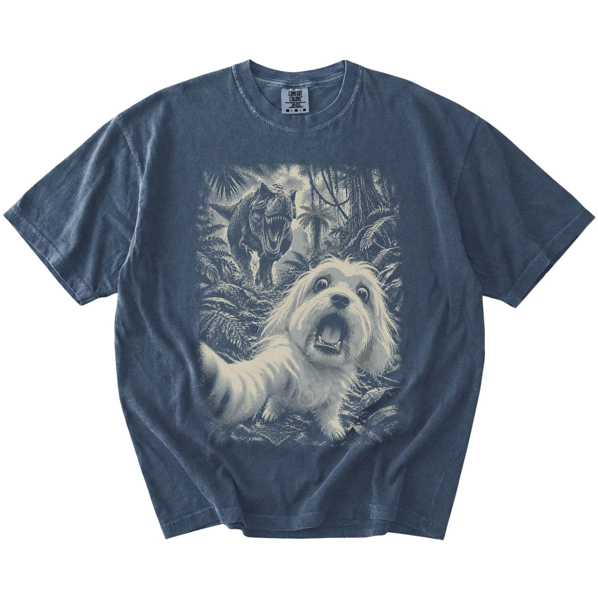 T-Rex Selfie Maltese Comfort Colors 1717 T-Shirt in Denim, flat lay