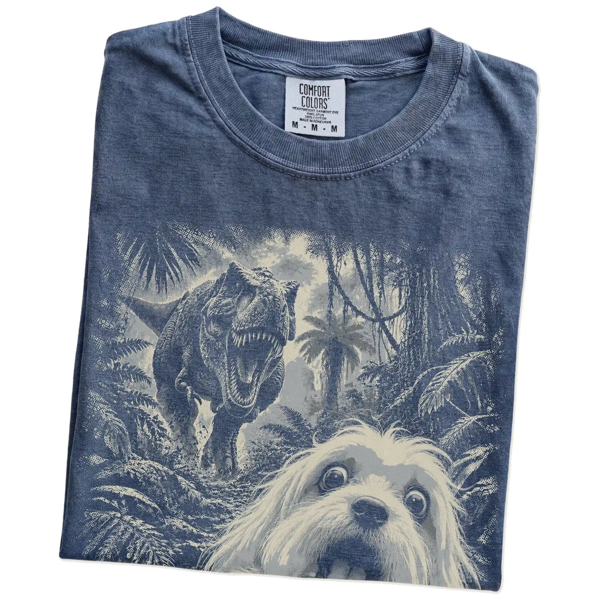 T-Rex Selfie Maltese Comfort Colors 1717 T-Shirt in Denim, folded detail