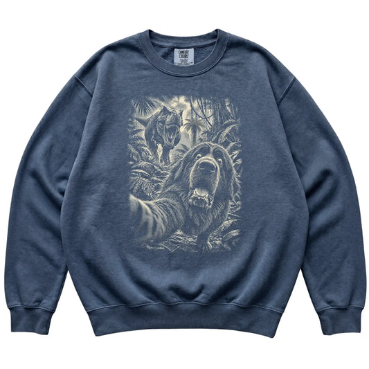T-Rex Selfie Newfie Comfort Colors 1566 Sweatshirt in Denim, flat lay