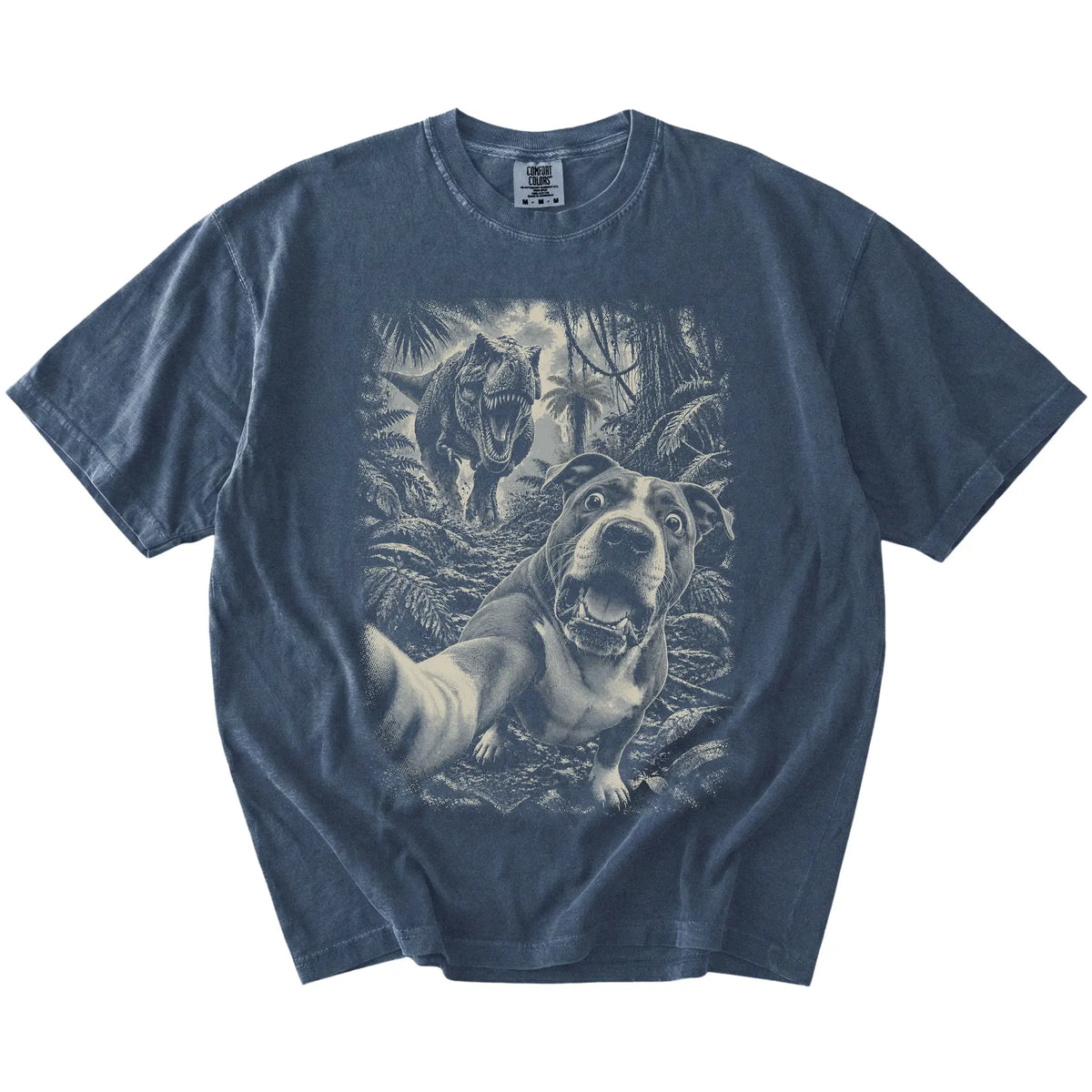 T-Rex Selfie Pitbull Comfort Colors 1717 T-Shirt in Denim, flat lay
