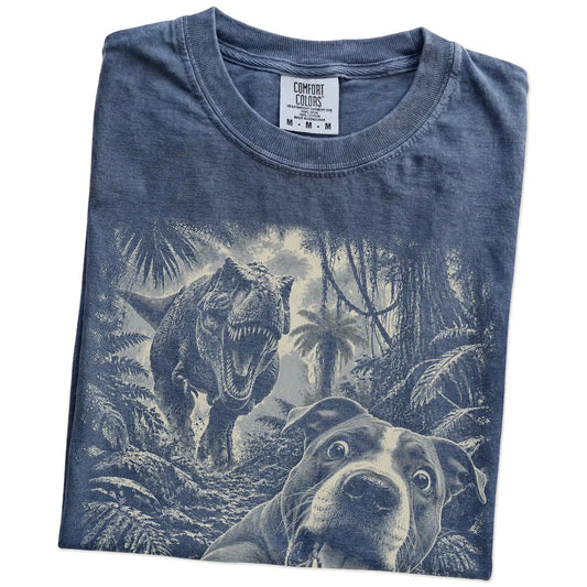 T-Rex Selfie Pitbull Comfort Colors 1717 T-Shirt in Denim, folded detail
