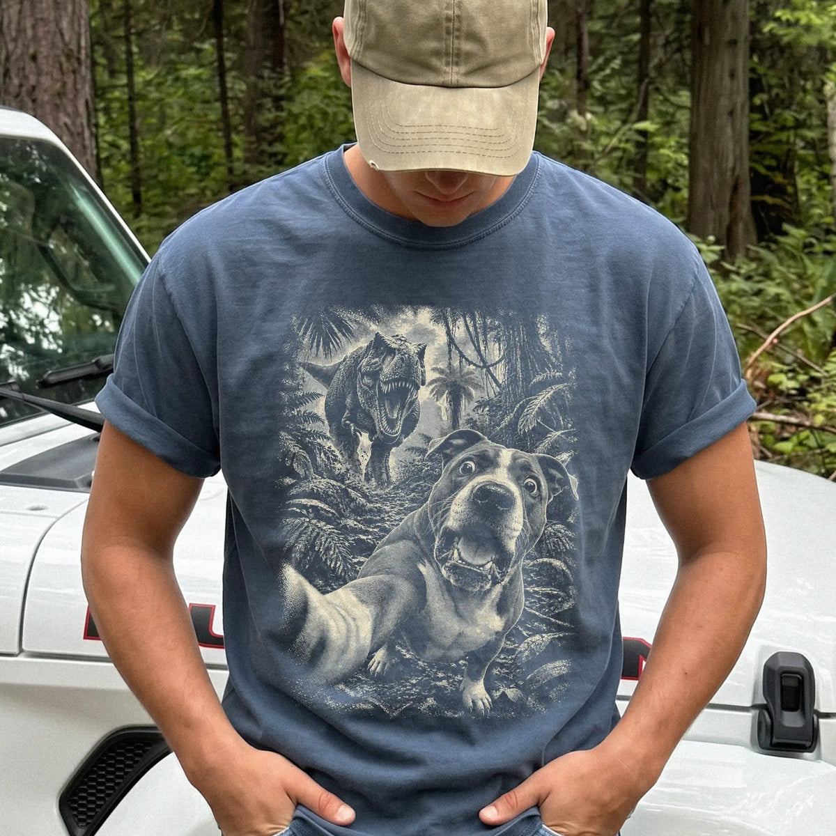 T-Rex Selfie Pitbull Comfort Colors 1717 T-Shirt in Denim, studio lifestyle