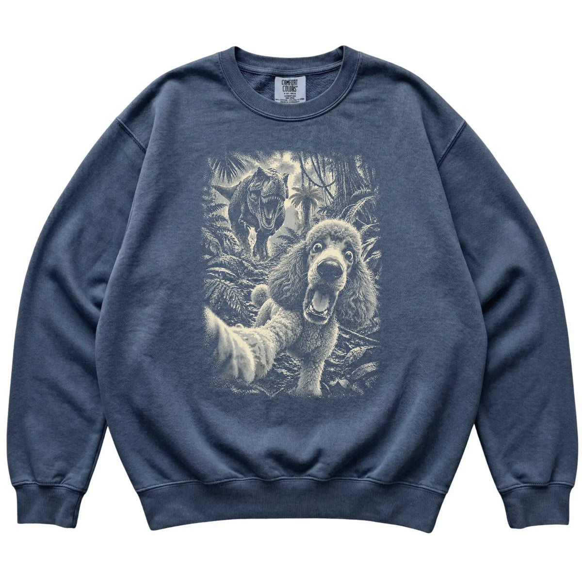 T-Rex Selfie Poodle Comfort Colors 1566 Sweatshirt in Denim, flat lay