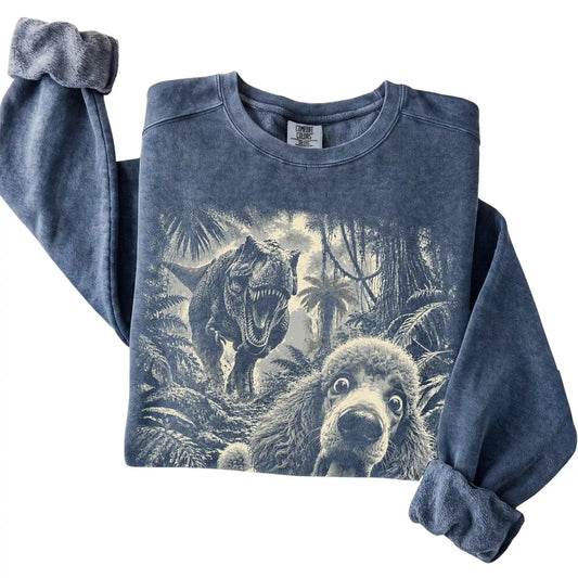 T-Rex Selfie Poodle Comfort Colors 1566 Sweatshirt in Denim, folded detail