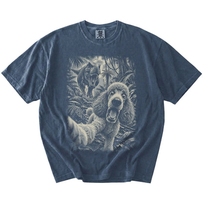 T-Rex Selfie Poodle Comfort Colors 1717 T-Shirt in Denim, flat lay