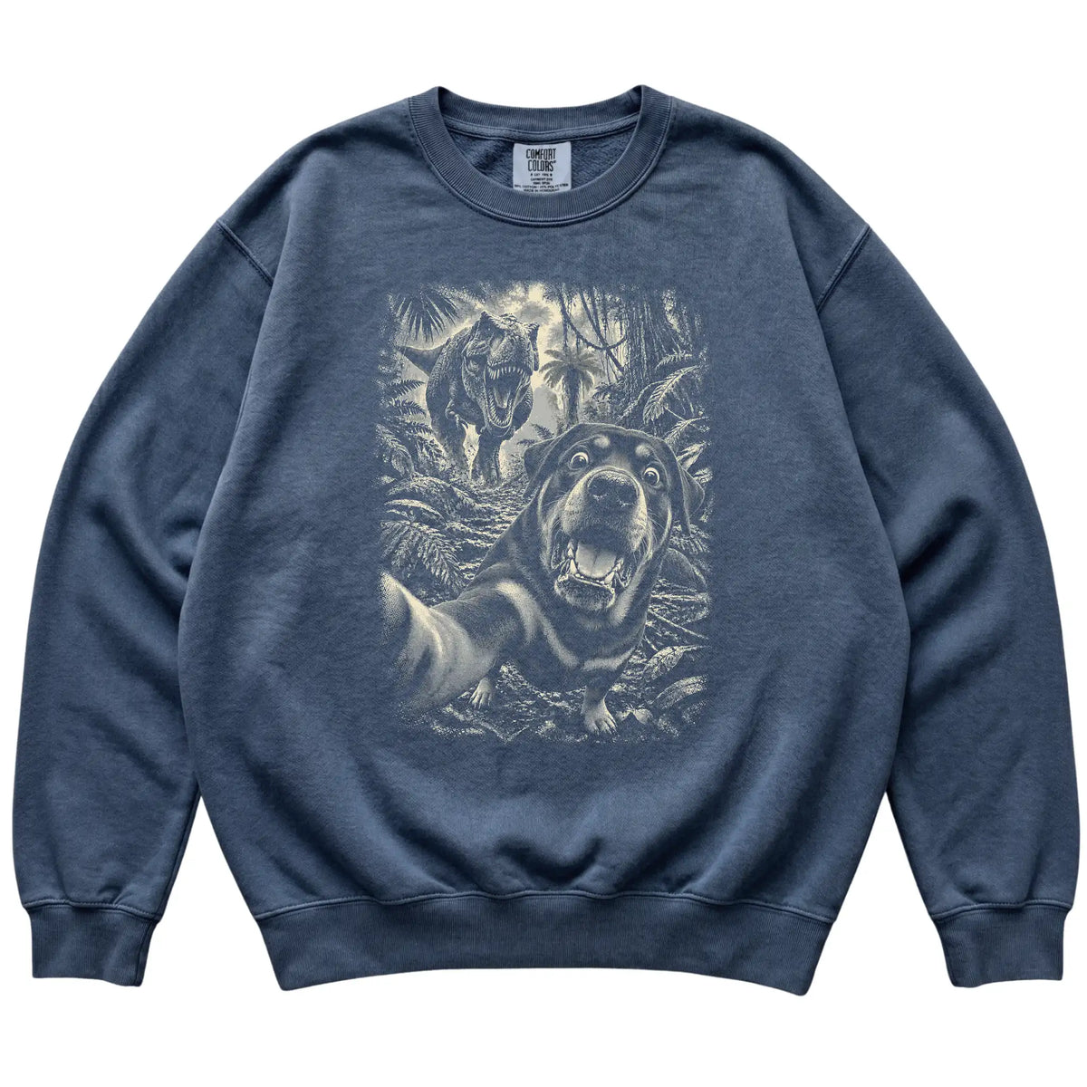 T-Rex Selfie Rottweiler Comfort Colors 1566 Sweatshirt in Denim, flat lay