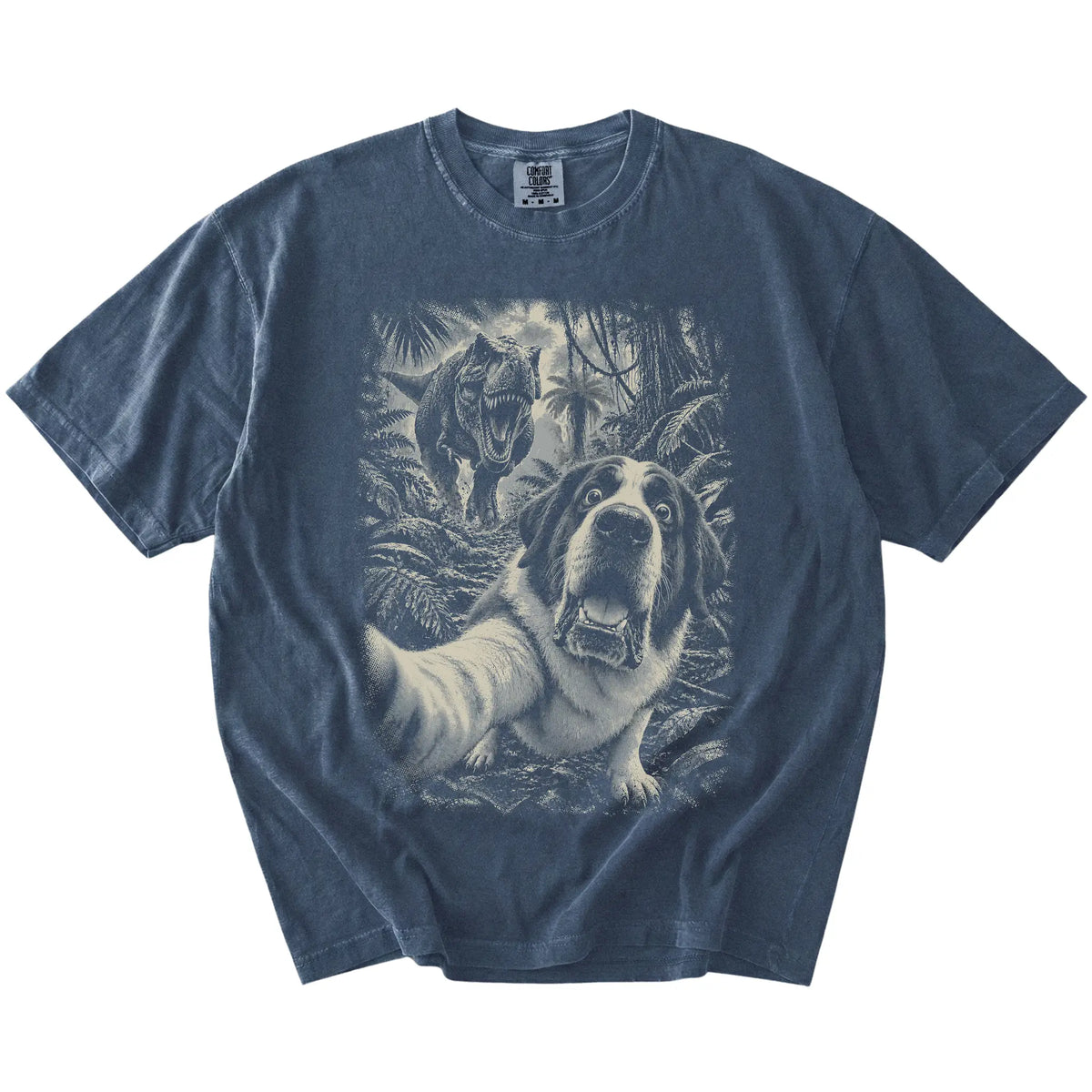 T-Rex Selfie Saint Bernard Comfort Colors 1717 T-Shirt in Denim, flat lay