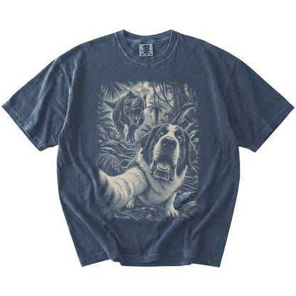 T-Rex Selfie Saint Bernard Comfort Colors 1717 T-Shirt in Denim, flat lay