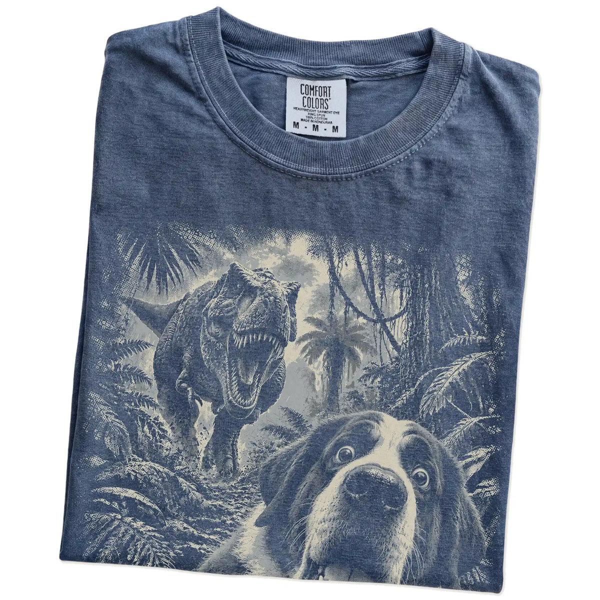 T-Rex Selfie Saint Bernard Comfort Colors 1717 T-Shirt in Denim, folded detail