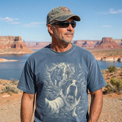 T-Rex Selfie Saint Bernard Comfort Colors 1717 T-Shirt in Denim, studio lifestyle