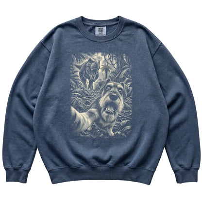 T-Rex Selfie Schnauzer Comfort Colors 1566 Sweatshirt in Denim, flat lay