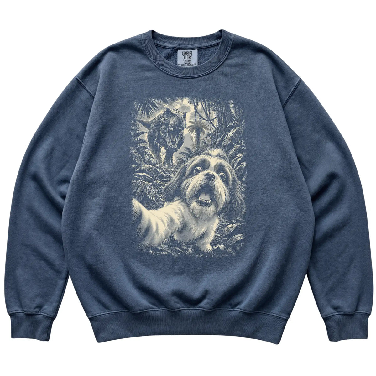 T-Rex Selfie Shih Tzu Comfort Colors 1566 Sweatshirt in Denim, flat lay