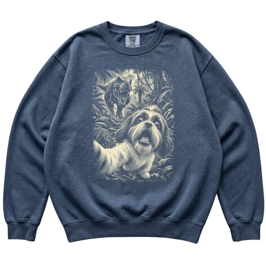 T-Rex Selfie Shih Tzu Comfort Colors 1566 Sweatshirt in Denim, flat lay