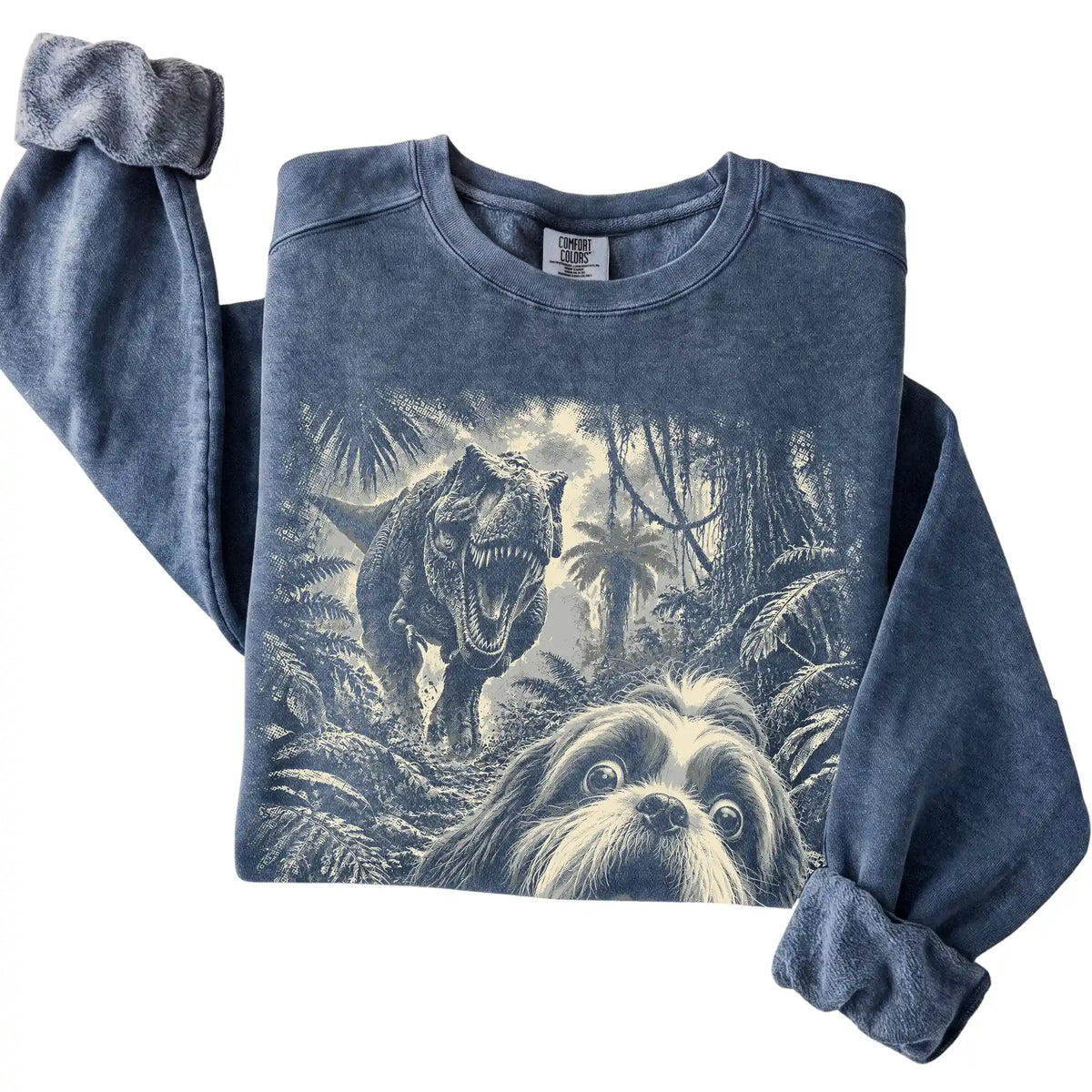 T-Rex Selfie Shih Tzu Comfort Colors 1566 Sweatshirt in Denim, folded detail