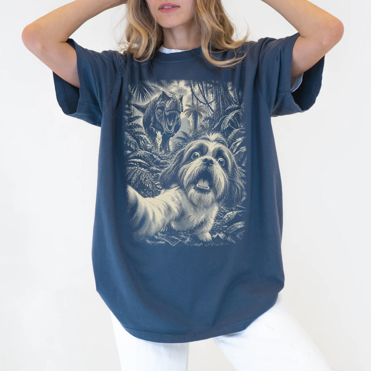 T-Rex Selfie Shih Tzu Comfort Colors 1717 T-Shirt in Denim, studio lifestyle