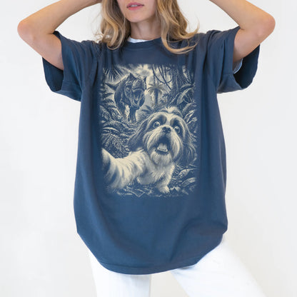 T-Rex Selfie Shih Tzu Comfort Colors 1717 T-Shirt in Denim, studio lifestyle