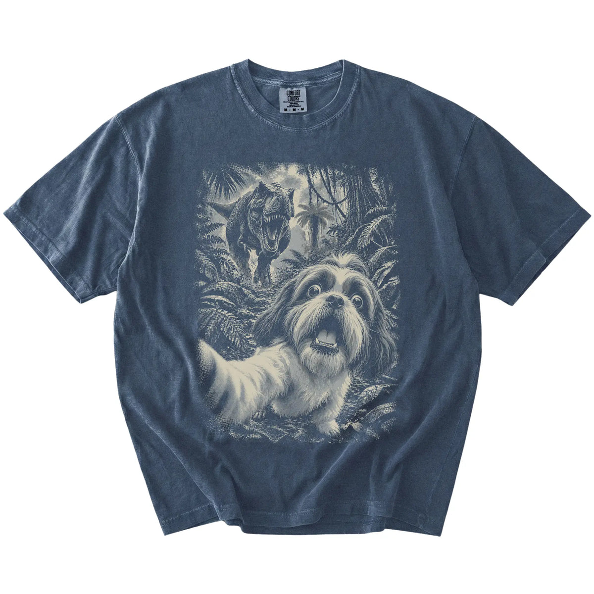 T-Rex Selfie Shih Tzu Comfort Colors 1717 T-Shirt in Denim, flat lay