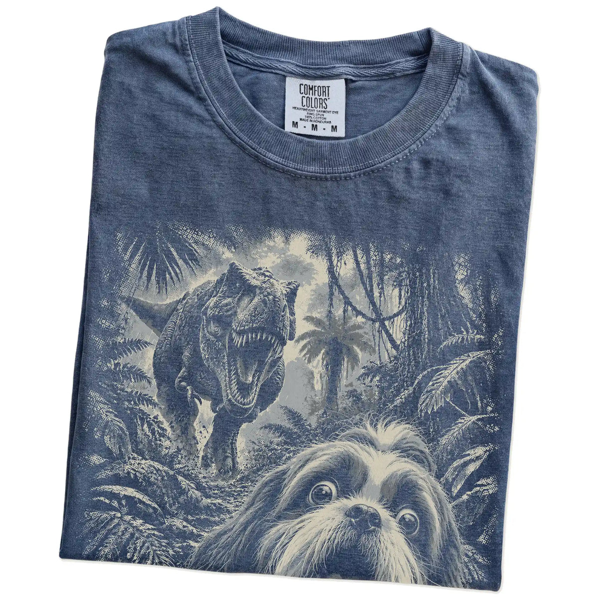 T-Rex Selfie Shih Tzu Comfort Colors 1717 T-Shirt in Denim, folded detail