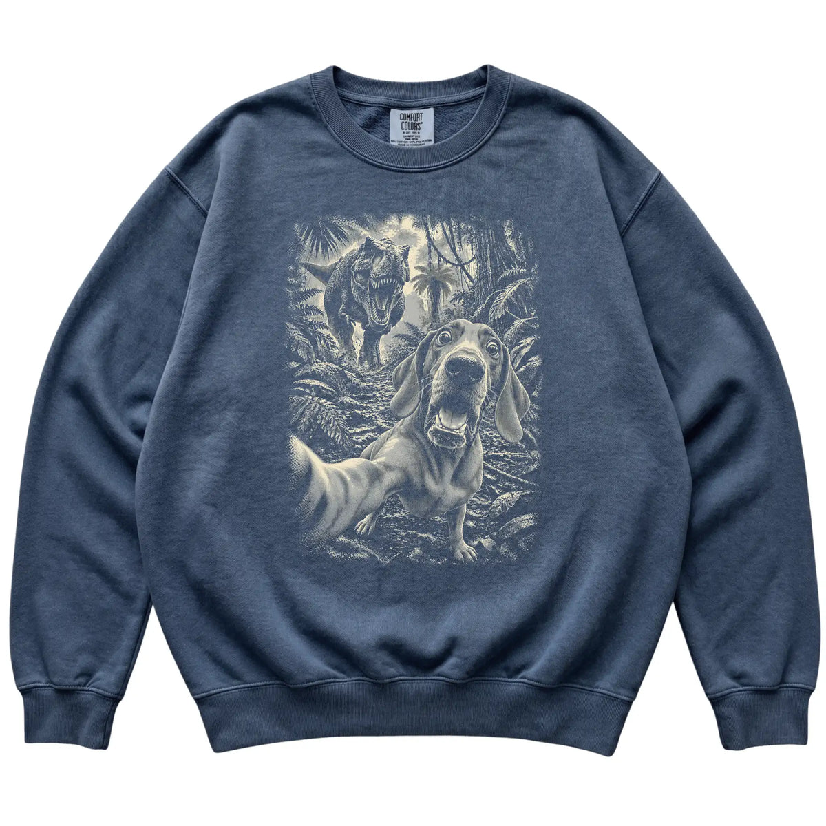 T-Rex Selfie Vizsla Comfort Colors 1566 Sweatshirt in Denim, flat lay