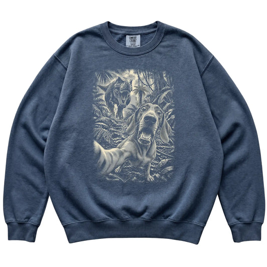 T-Rex Selfie Vizsla Comfort Colors 1566 Sweatshirt in Denim, flat lay