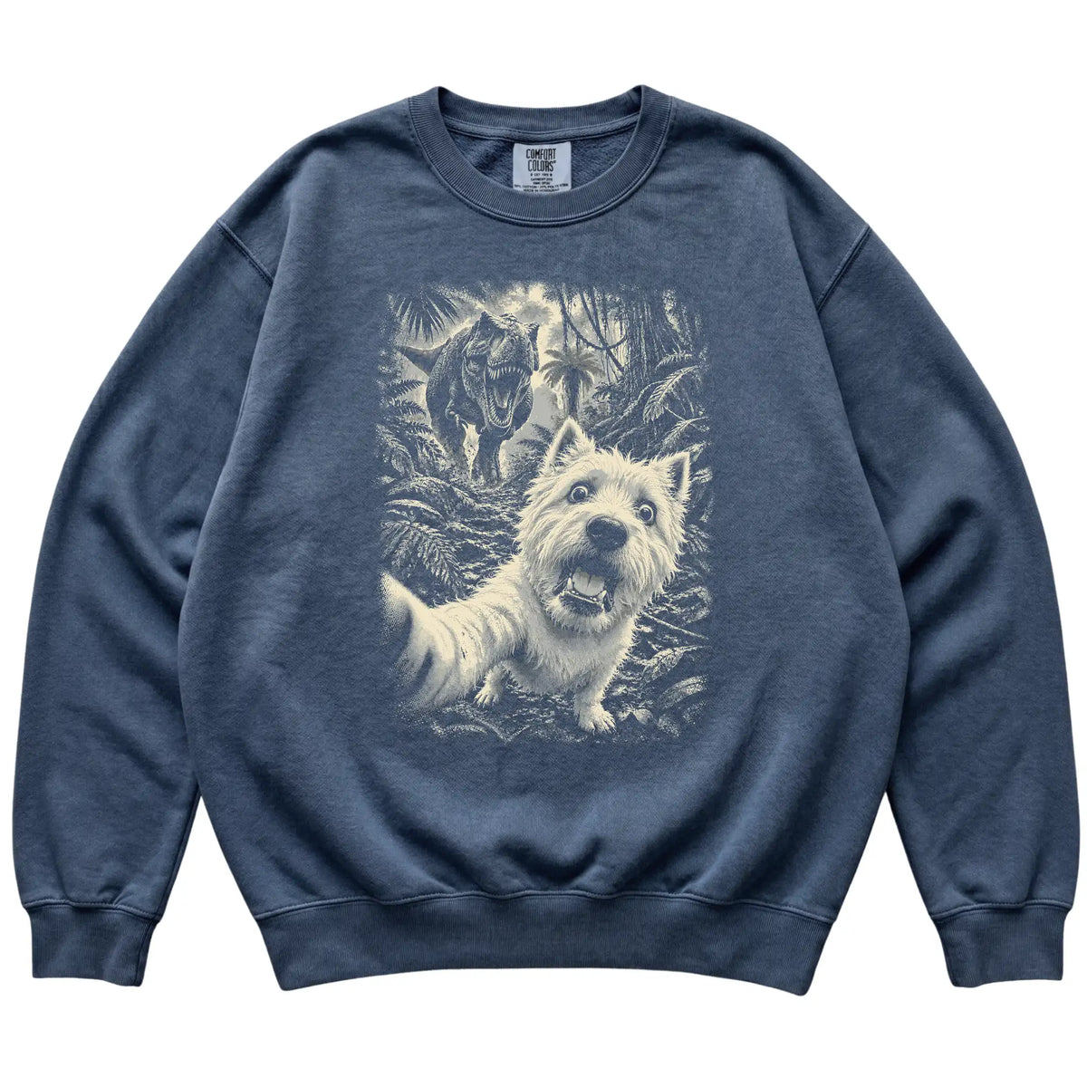 T-Rex Selfie Westie Comfort Colors 1566 Sweatshirt in Denim, flat lay