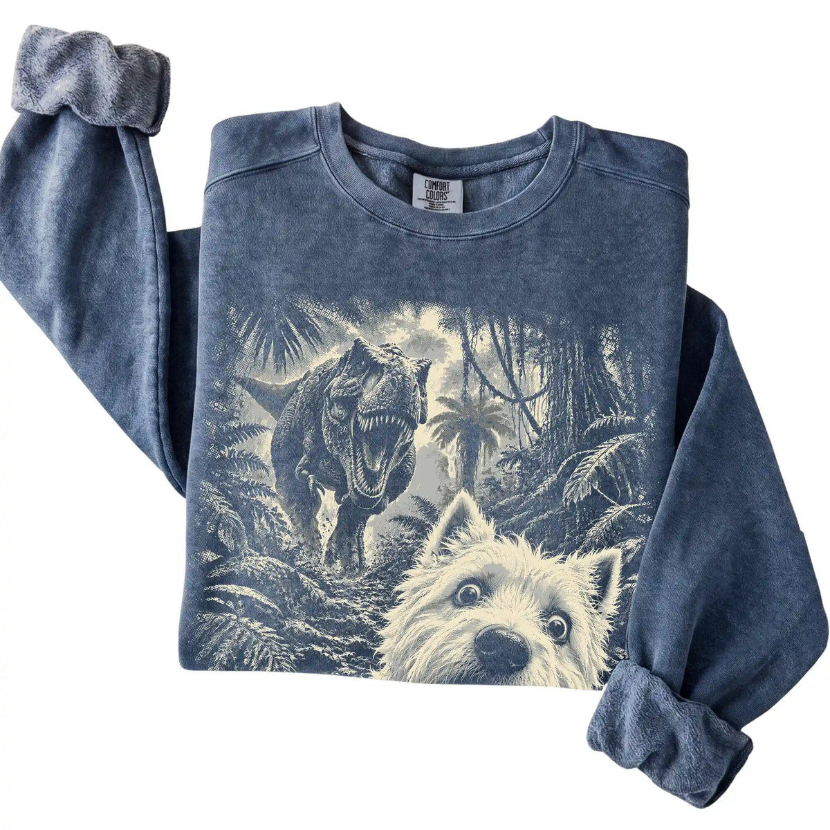 T-Rex Selfie Westie Comfort Colors 1566 Sweatshirt in Denim, folded detail