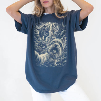 T-Rex Selfie Yorkie Comfort Colors 1717 T-Shirt in Denim, studio lifestyle