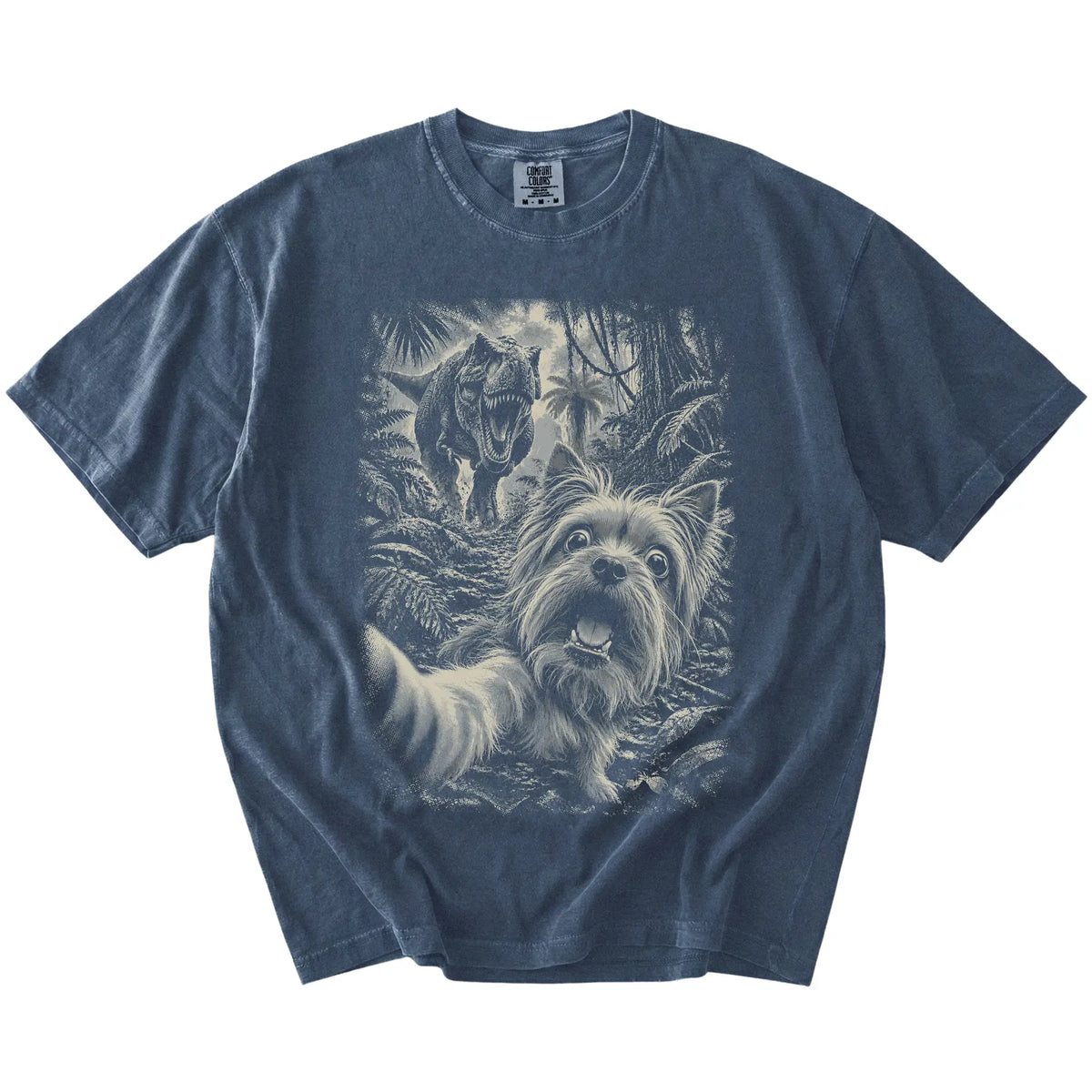 T-Rex Selfie Yorkie Comfort Colors 1717 T-Shirt in Denim, flat lay
